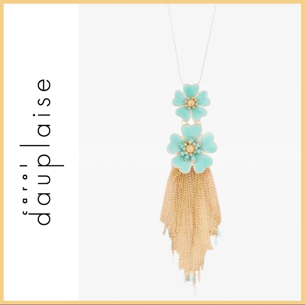 Aqua Floral Gold-Color Chain & Fringe Necklace NWT